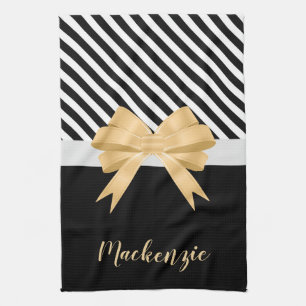 Black White Stripes Goldem Bow Tea Towel