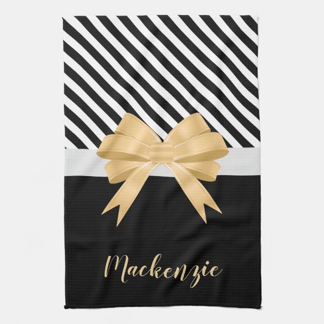 Black White Stripes Goldem Bow Tea Towel (Vertical)