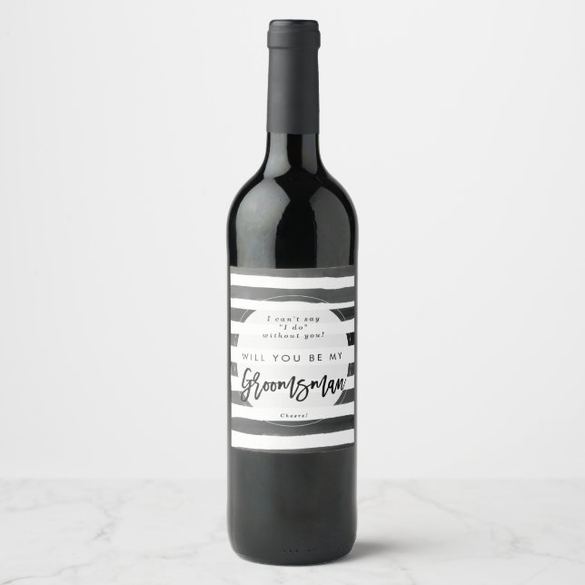 black white stripes groomsman proposal wine label (Front)