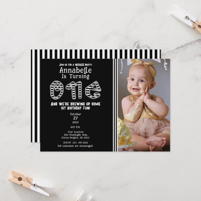 Black White Stripes Halloween Photo 1ST Birthday  Invitation (Front/Back In Situ)