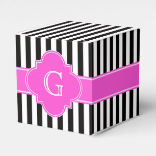 Black White Stripes, Hot Pink Quatrefoil Monogram Favour Box
