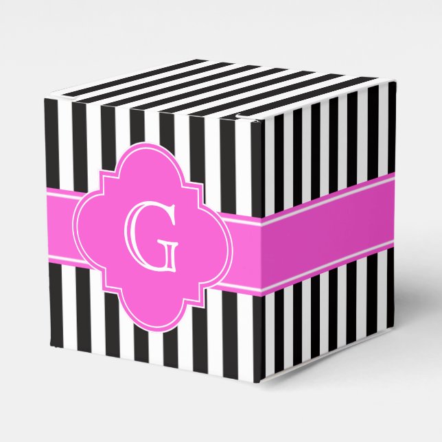 Black White Stripes, Hot Pink Quatrefoil Monogram Favour Box (Front Side)