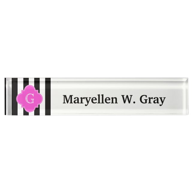 Black White Stripes, Hot Pink Quatrefoil Monogram Nameplate (Front)