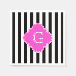 Black White Stripes, Hot Pink Quatrefoil Monogram Napkin