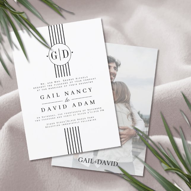 Black white stripes, initials and photo wedding invitation (Creator Uploaded)