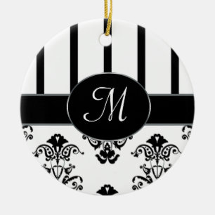 Black & White Stripes, Monogram Baroque Ceramic Tree Decoration