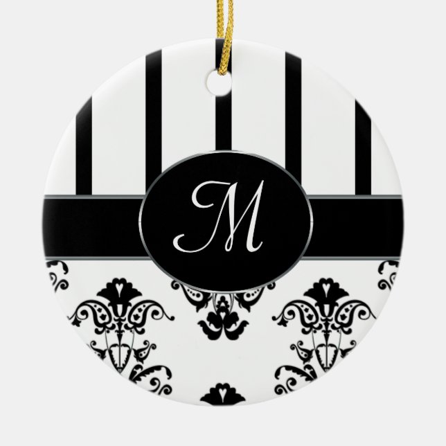 Black & White Stripes, Monogram Baroque Ceramic Tree Decoration (Front)