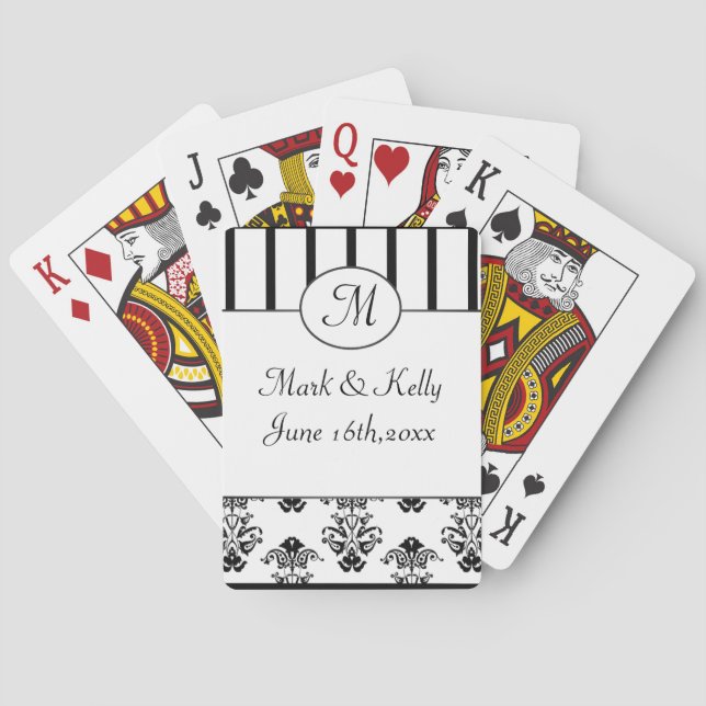 Black & White Stripes, Monogram Baroque Playing Cards (Back)
