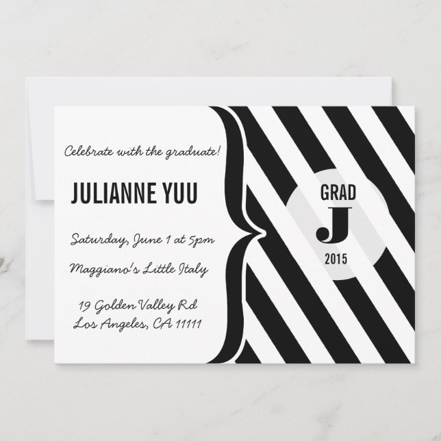 Black & White Stripes Monogram Graduation Invite (Front)