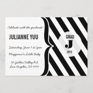 Black & White Stripes Monogram Graduation Invite