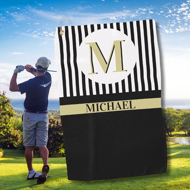 Black White Stripes Monogram Name Golf Towel (Creator Uploaded)