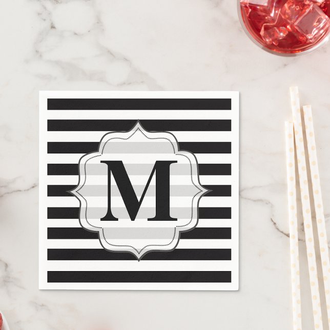 Black & White Stripes Monogram Napkins (Monogram Custom Printed Napkins with personalized initials.)