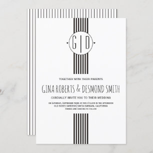 Black white stripes, monogram wedding invitation