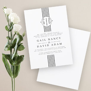 Black white stripes, monogram wedding invitation