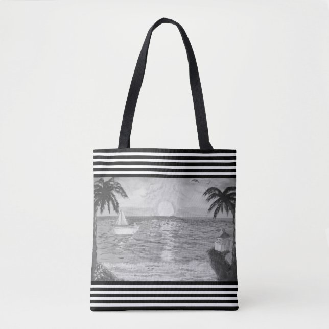 Black White Stripes & Ocean Beach Landscape Tote Bag (Front)