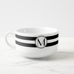 Black   White Stripes Pattern Monogram Soup Mug