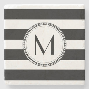 Black White Stripes Pattern Monogram Stone Coaster