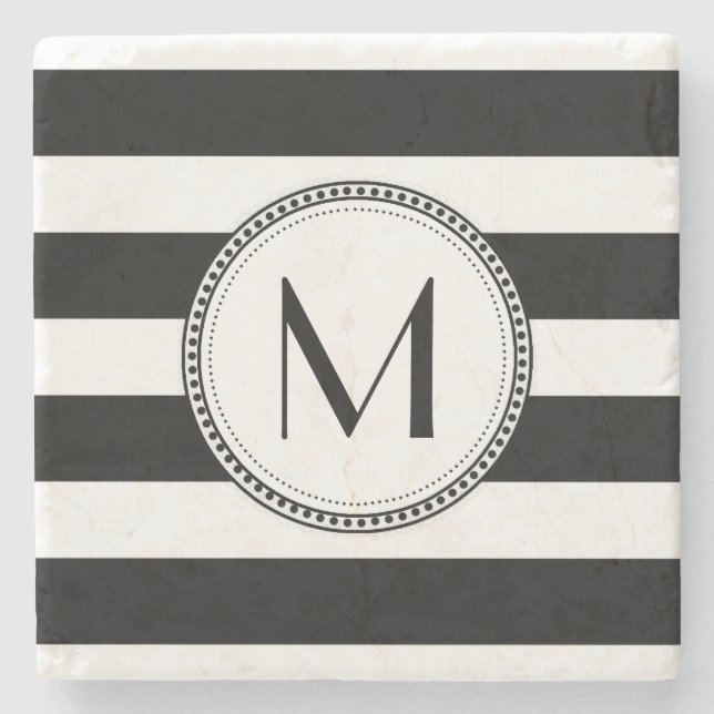 Black | White Stripes Pattern Monogram Stone Coaster (Front)