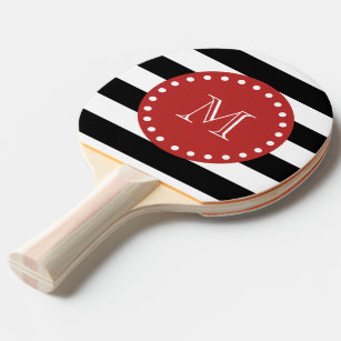 Black White Stripes Pattern, Red Monogram Ping Pong Paddle