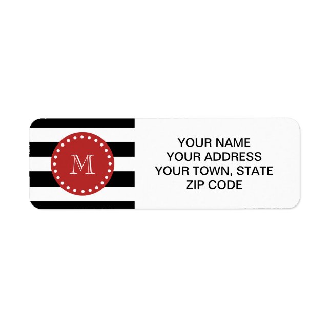 Black White Stripes Pattern, Red Monogram Return Address Label (Front)