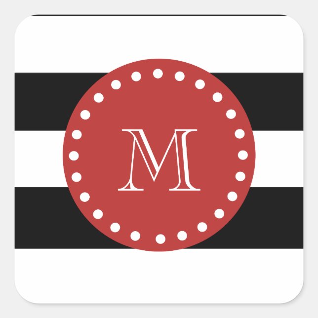 Black White Stripes Pattern, Red Monogram Square Sticker (Front)