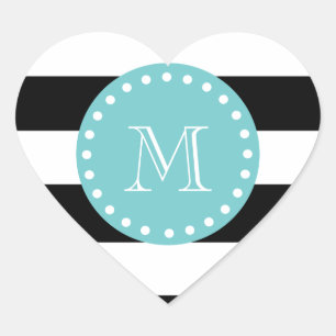 Black White Stripes Pattern, Teal Monogram Heart Sticker