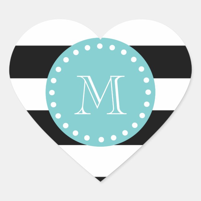 Black White Stripes Pattern, Teal Monogram Heart Sticker (Front)