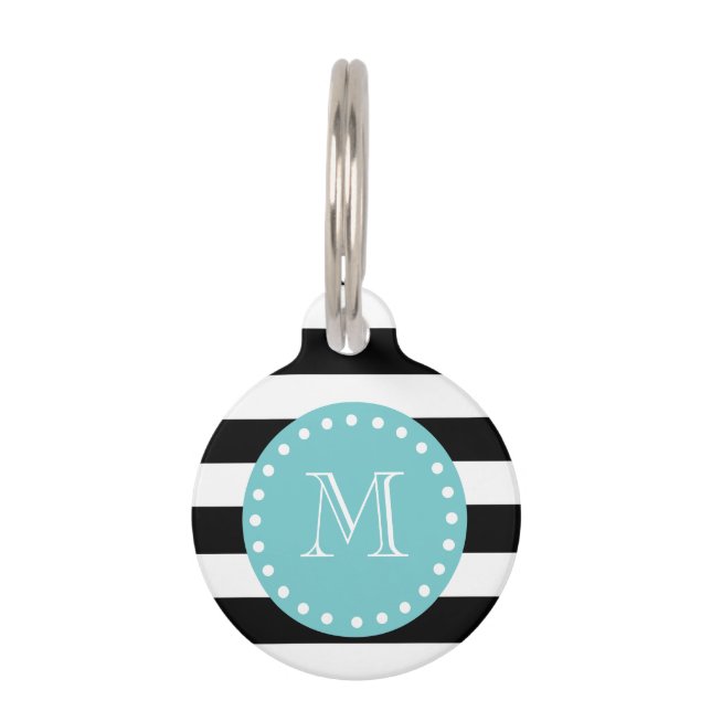 Black White Stripes Pattern, Teal Monogram Pet Tag (Front)