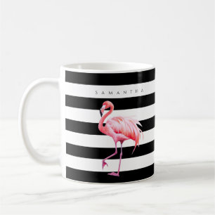 Black & White Stripes Pink Flamingo Custom Name Coffee Mug