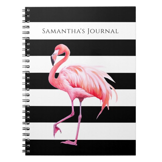 Black & White Stripes Pink Flamingo Custom Name Notebook (Front)