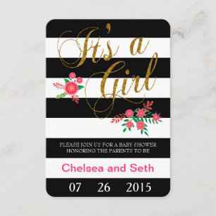 Black & White Stripes   Pink Floral   Baby Shower Invitation