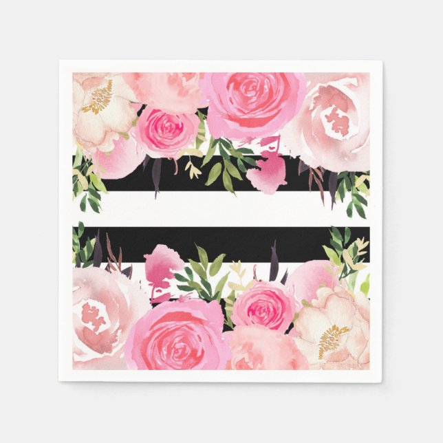 Black White Stripes Pink Floral Bridal Shower Napkin (Front)