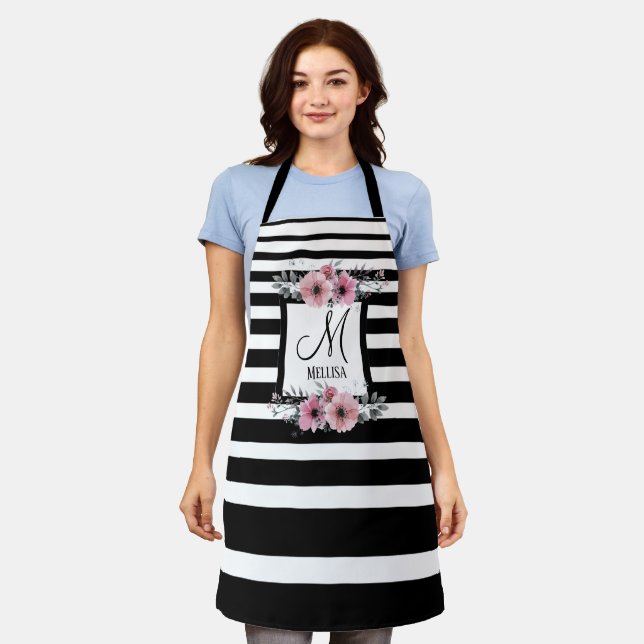 Black & White Stripes Pink Floral Monogram Apron (Worn)