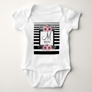 Black & White Stripes Pink Floral Monogram Baby Bodysuit