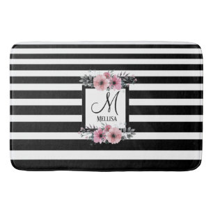 Black & White Stripes Pink Floral Monogram Bath Mat