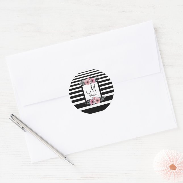 Black & White Stripes Pink Floral Monogram Classic Round Sticker (Envelope)