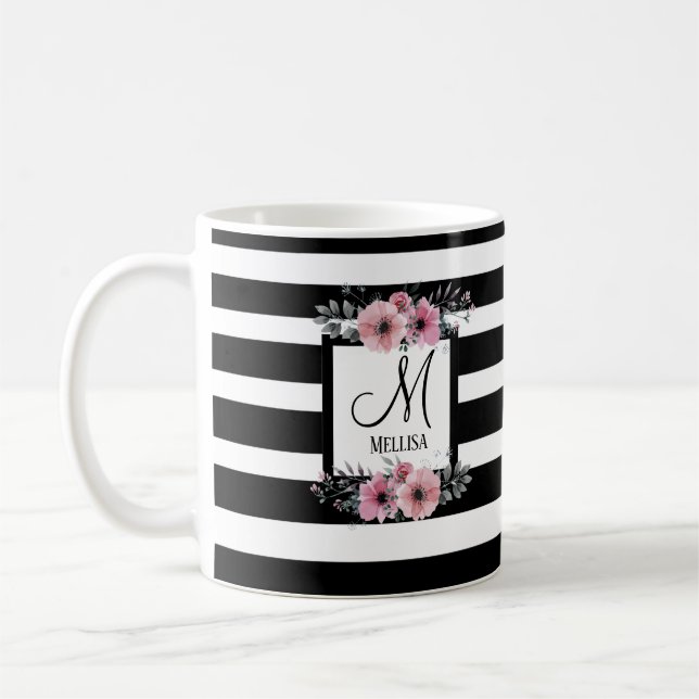 Black & White Stripes Pink Floral Monogram Coffee Mug (Left)