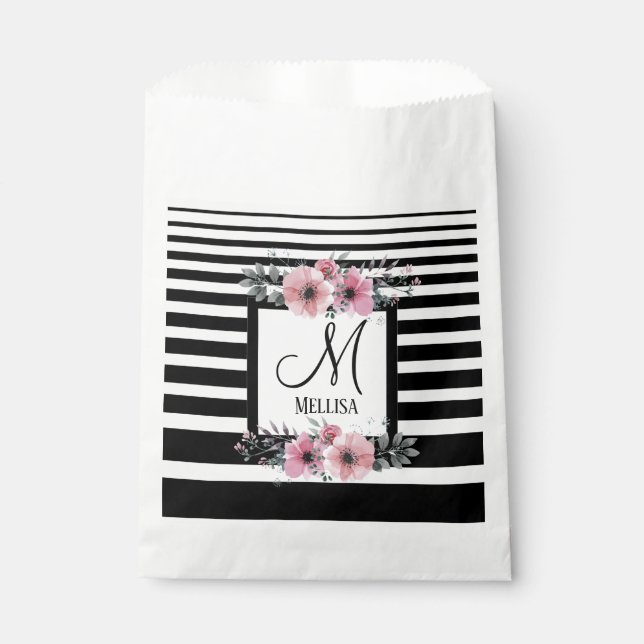 Black & White Stripes Pink Floral Monogram Favour Bag (Front)