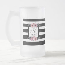 Black & White Stripes Pink Floral Monogram