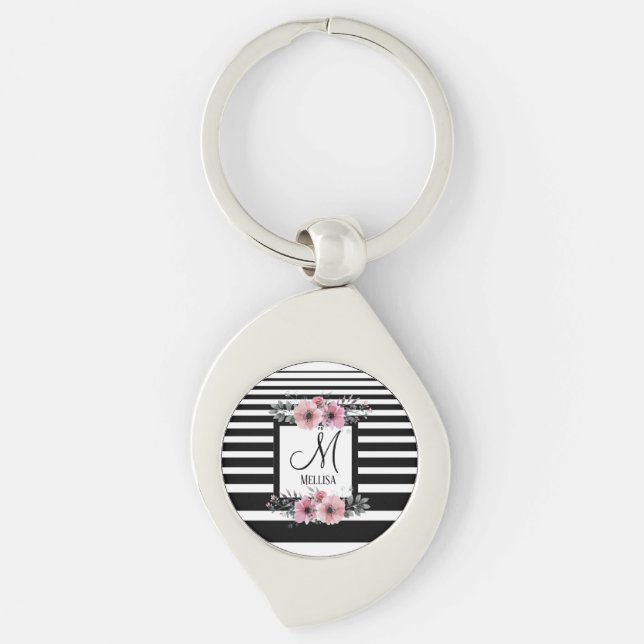 Black & White Stripes Pink Floral Monogram Key Ring (Front)
