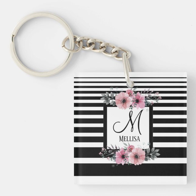 Black & White Stripes Pink Floral Monogram Key Ring (Front)