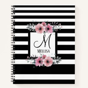 Black & White Stripes Pink Floral Monogram Notebook