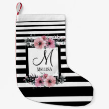 Black & White Stripes Pink Floral Monogram