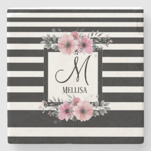 Black & White Stripes Pink Floral Monogram Stone Coaster