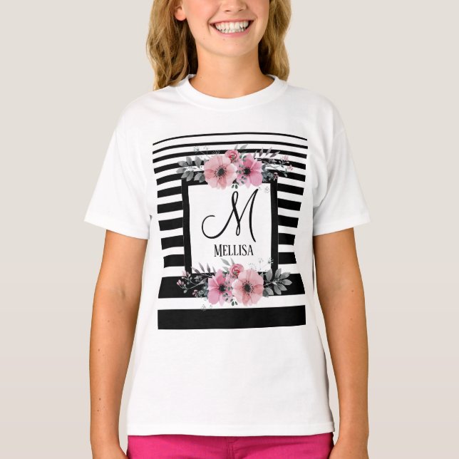 Black & White Stripes Pink Floral Monogram T-Shirt (Front)