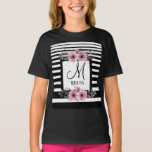 Black & White Stripes Pink Floral Monogram
