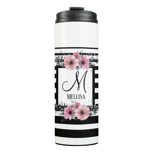 Black & White Stripes Pink Floral Monogram Thermal Tumbler (Front)