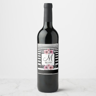 Black & White Stripes Pink Floral Monogram Wine Label