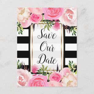 Black White Stripes Pink Floral Save The Date Announcement Postcard