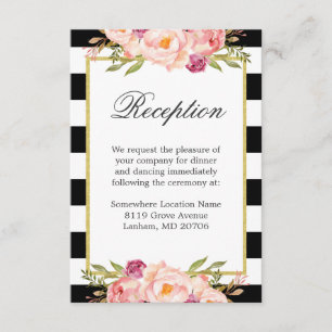 Black White Stripes Pink Floral Wedding Reception Enclosure Card